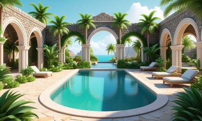 Fototapeta premium Mediterranean oasis: luxurious poolside retreat with scenic ocean views and elegant architecture