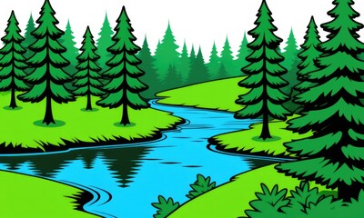 Fototapeta premium Lush forest landscape with river flowing through evergreen trees
