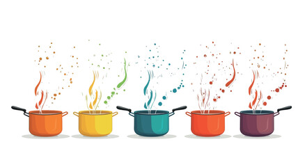 The painting shows five brightly colored flower pots arranged horizontally against a pure white background. Each pot displays a unique color - orange, yellow, cyan, red-orange and dark purple.