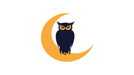 Fototapeta premium A stylized vector illustration of a dark blue owl perched on a bright yellow crescent moon against a pure white background. The owl is rendered in a simplified, almost silhouette-like manner.