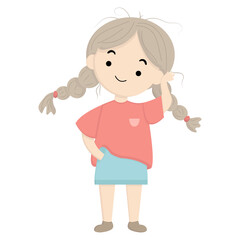Cute cartoon girl with blonde pigtails, wearing a pink shirt and blue skirt, standing with one hand in her skirt pocket and the other hand touching her head. Perfect for childish or playful designs.