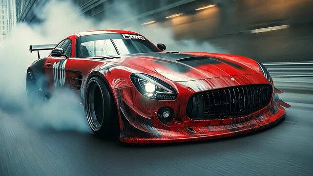 Dynamic sports car racing through urban streets, showcasing speed and power with smoke trailing behind in vibrant red.