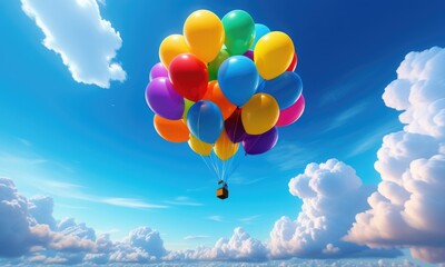 Obraz premium Colorful balloons floating in blue sky with fluffy clouds and bright sunlight