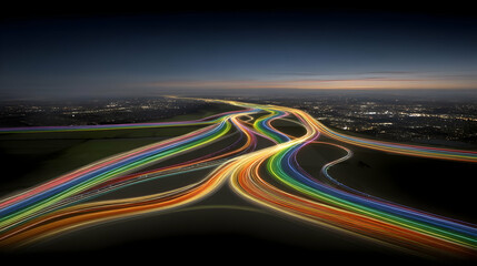 streams flowing through holographic circuit grids with neon highlights