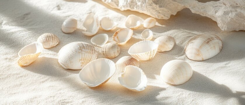 Beach shells on sandy surface illuminated by soft sunrise light showcasing a variety of neutral hues in a serene coastal setting