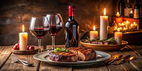 Elegant dinner table with two plates of grilled steaks, a bottle of red wine, and candles in a dimly lit room, conveying sophistication and romance , elegant dinner, steak dinner