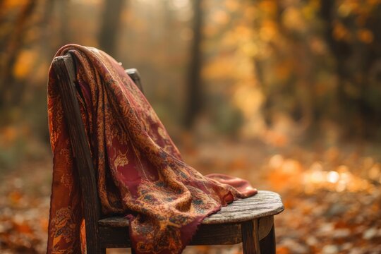 Autumnal scene featuring a patterned shawl draped over a rustic wooden chair amidst a blurred, warm-toned forest backdrop.