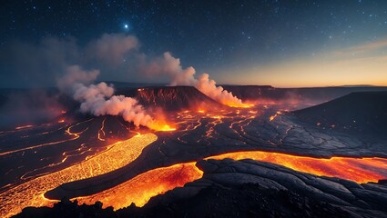 Fototapeta premium Erupting Volcano Landscape with Flowing Lava at Night Under Starry Sky