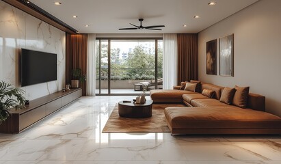 Modern apartment living room with L-shaped sofa, city view