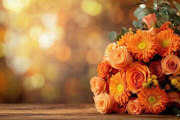 Orange Flowers Bouquet on Wooden Surface