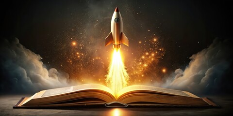 Rocket blasting off from a closed, leather-bound book with golden edges and pages fluttering outwards , explosion, flames