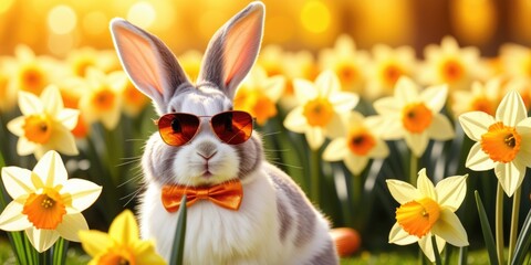 Fototapeta premium Stylish rabbit wearing sunglasses and bow tie in sunny daffodil garden