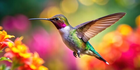 Fototapeta premium Hummingbird in mid-flight against a bright flower background, showcasing its iridescent feathers and agile movements as it sips nectar , bird, aerial view