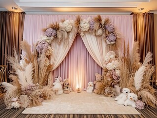 Dreamy Pastel Baby Shower Backdrop with Pampas Grass and Stuffed Animals