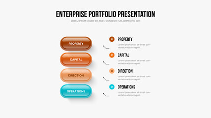 Enterprise Performance Four Step Diagram Slideshow Layout. Product Visualization Slide Template Vector Illustration. Investor Innovation 4 Option Infographic Frame Design.