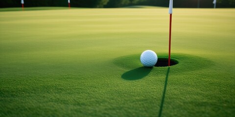 Obraz premium Closeup of golf ball near hole on pristine green at sunset