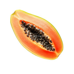 Ripe papaya sliced in half showing vibrant orange flesh and black seeds on a clean transparent background, Piece of ripe papaya fruit with seeds on transparent background