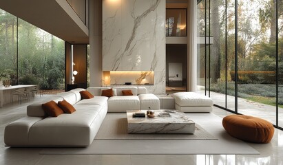 Modern living room, sectional sofa, fireplace, large windows, autumn trees, home decor