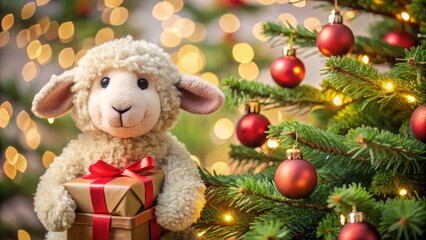 Cuddly sheep with gifts and Christmas tree background, gifts, xmas, gifts,xmas,fur