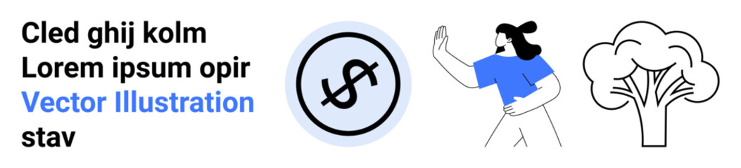 Woman in motion near a circular dollar sign icon and a tree outline. Ideal for finance, sustainability, growth, motivation, environment, investments, or simple landing page