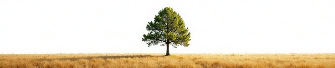 Fototapeta premium Branches of the same tree stretch out separately in an empty field on white background, conifer, isolated, single