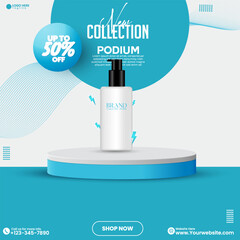 3D render social media promotion product sale empty abstract mockup design vector in isolated background. Blue color social media product advertisement podium background design. Blue product podium. 