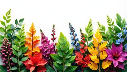 Obraz premium Colorful foliage arrangement isolated on white background, plants, color, arrangements