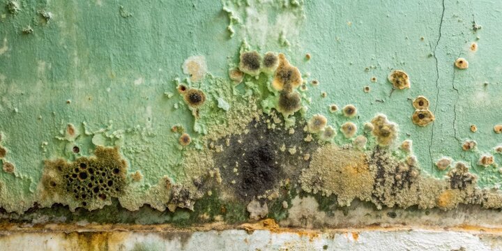 Fungal growth on a damp wall with black mold covering the surface in a greenish-brown hue, with visible texture and veining patterns , wall damage, fungus