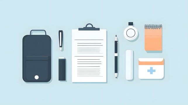 Flat vector showing HR welcome pack with health forms, pen, and sanitizer, clean onboarding style