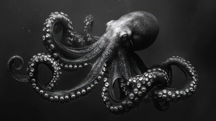 Fototapeta premium A grayscale image showcases an octopus in the deep sea, tentacles gracefully curled