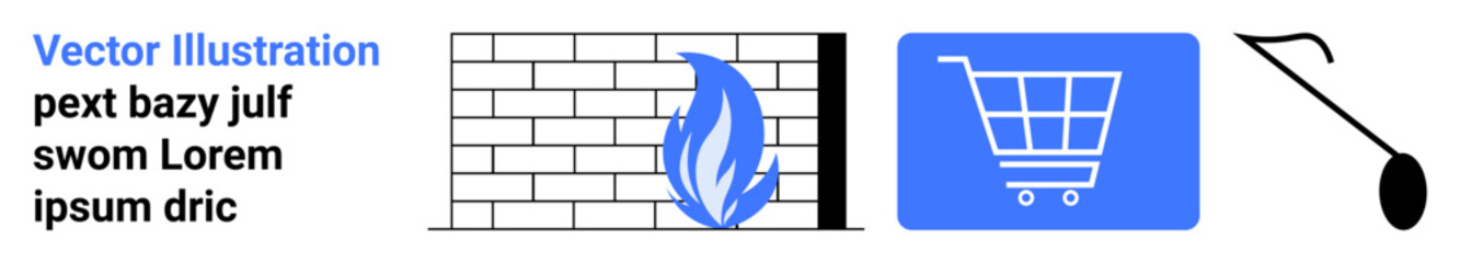 Brick wall with flame icon for firewall, blue shopping cart symbol, and screen reader device highlight online security and e-commerce accessibility. Ideal for cybersecurity, accessibility, shopping