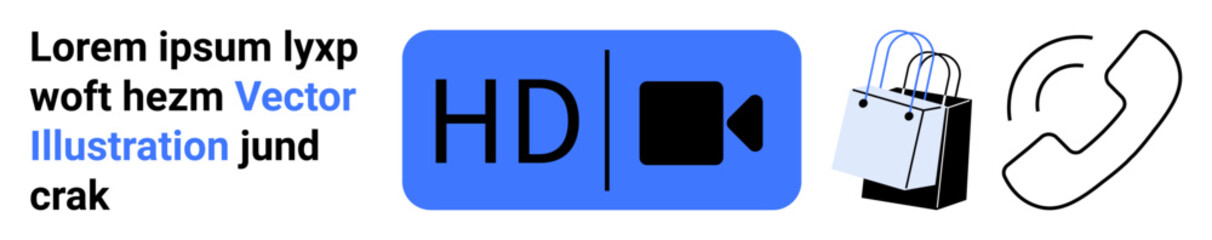 HD video icon, shopping bags, and phone symbol communicate concepts of online streaming, digital communication, and retail engagement. Ideal for e-commerce, streaming, media, technology retail apps