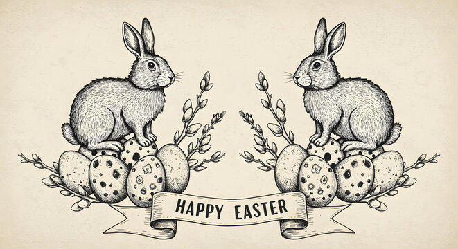 A ribbon banner below shouts "HAPPY EASTER" in a playful font and rabit