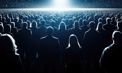 Obraz premium Silhouettes of a large audience gathered under bright lights at a spectacular event