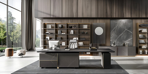 Modern Office with Sleek Desk and Wooden Shelves

