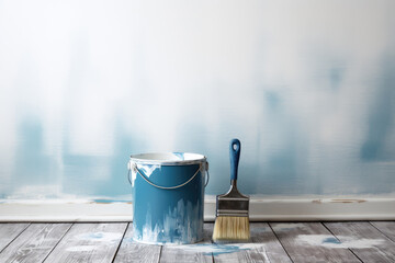 Renovation concept. A bucket of paint and a brush stand against the wall in an empty room, copy space