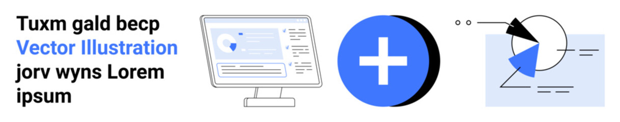 Obraz premium Computer screen displaying data, blue circular plus icon, abstract black and blue analytical chart. Ideal for business, technology, healthcare, education, communication, startups simple landing page