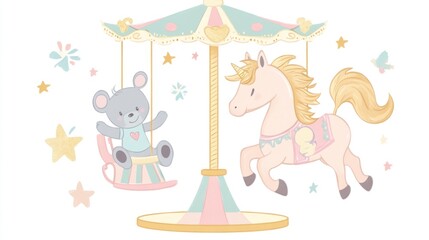 Naklejka premium Pastel-colored carousel with teddy bear and unicorn.