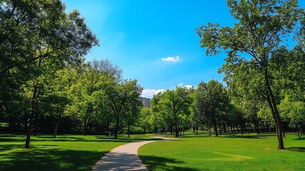 Obraz premium A serene pathway winds through a vibrant green park under a clear blue sky