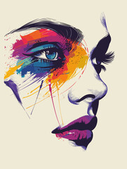 Woman's face with colorful makeup and a blue eye