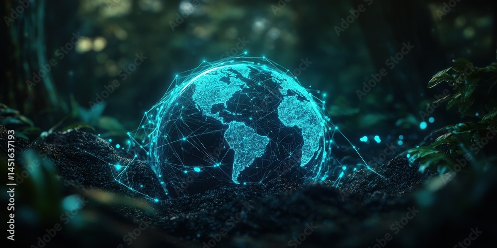 Poster Glowing Blue Digital World Globe Displayed on Forest Ground with Network Connection Concept for Future Technology and Global Communication in Soft Lighting