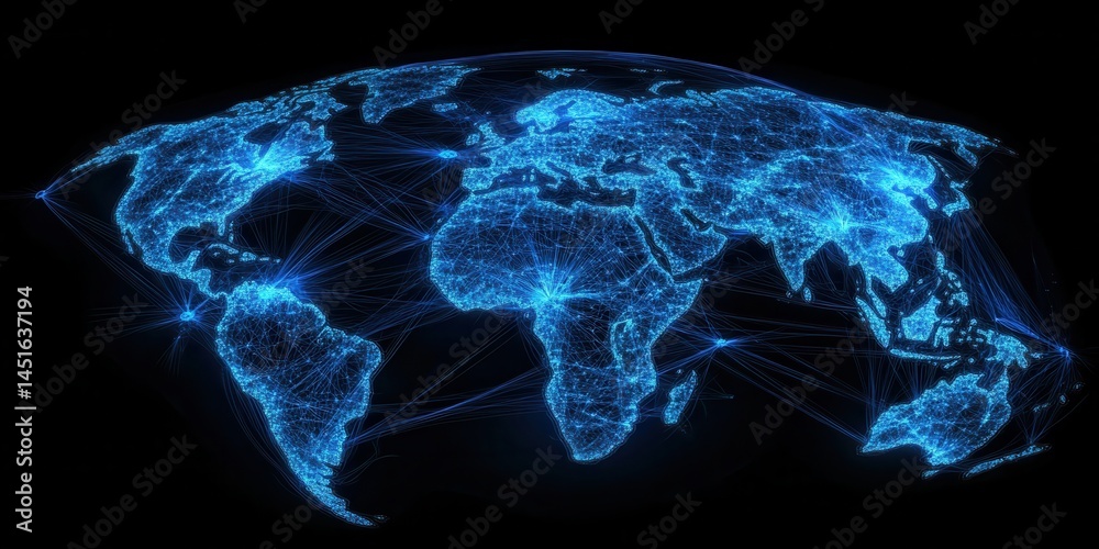Poster Glowing Blue World Map Digital Network Connections on Black Background Depicting Global Communication Technology Connectivity and Data Visualization with Abstract Futuristic Design and Geopolitical