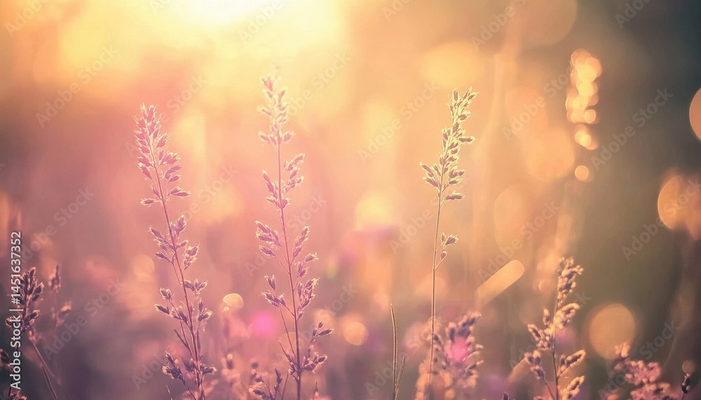 Aufkleber Golden Hour Field with Tall Grass and Bokeh in Warm Sunlight Nature Background and Abstract Summer Meadow with Blurred Texture and Vintage Tone
