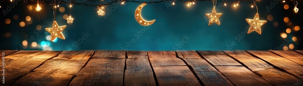 Poster golden stars and moon on rustic wooden table with warm bokeh lights against teal background for chri