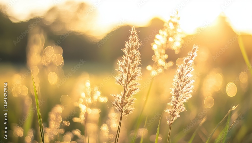 Poster golden sunset illuminating field grass with warm light and bokeh in a tranquil nature landscape duri
