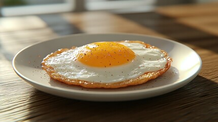 Delicious freshly cooked sunny side up fried egg with crispy edges and bright yellow yolk on a white ceramic plate with natural sunlight in a cozy kitchen setting
