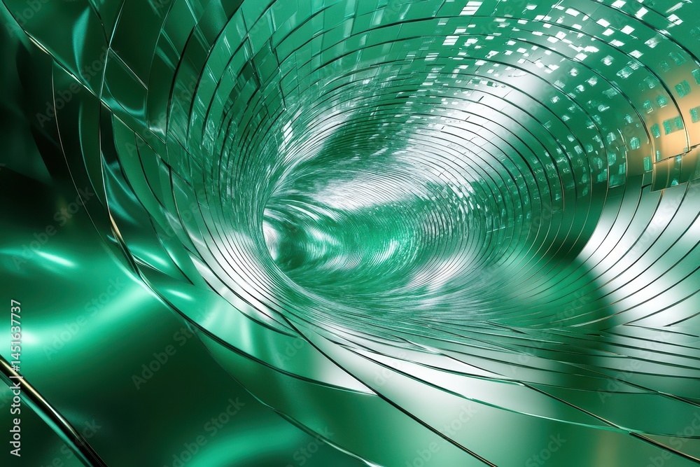 Aufkleber Green Metallic Abstract Tunnel with Spiral Pattern Background and Smooth Perspective in Three Dimensional Rendering and Circular Lines