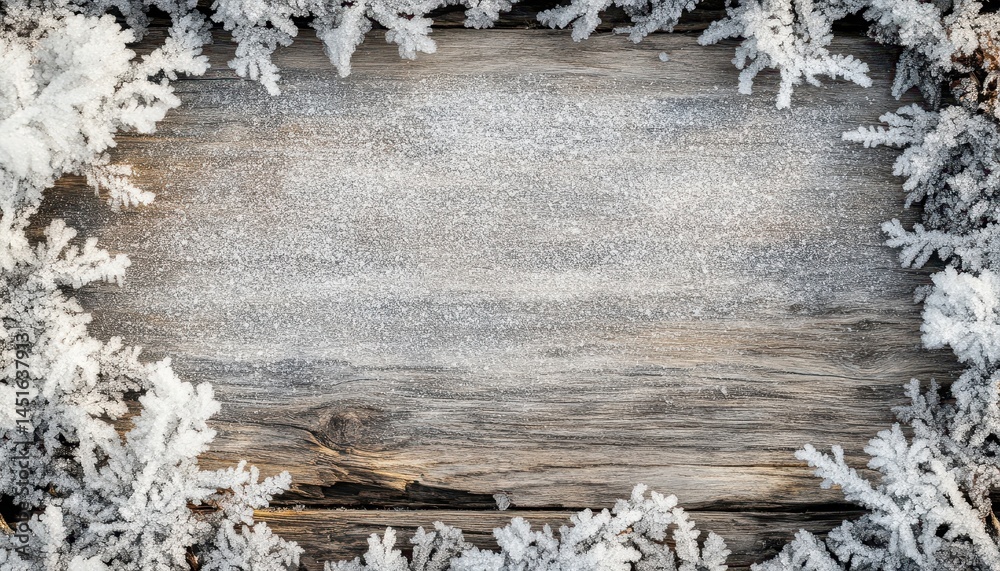 Poster icy snowflakes bordering weathered wooden planks creating a wintery frame with copy space