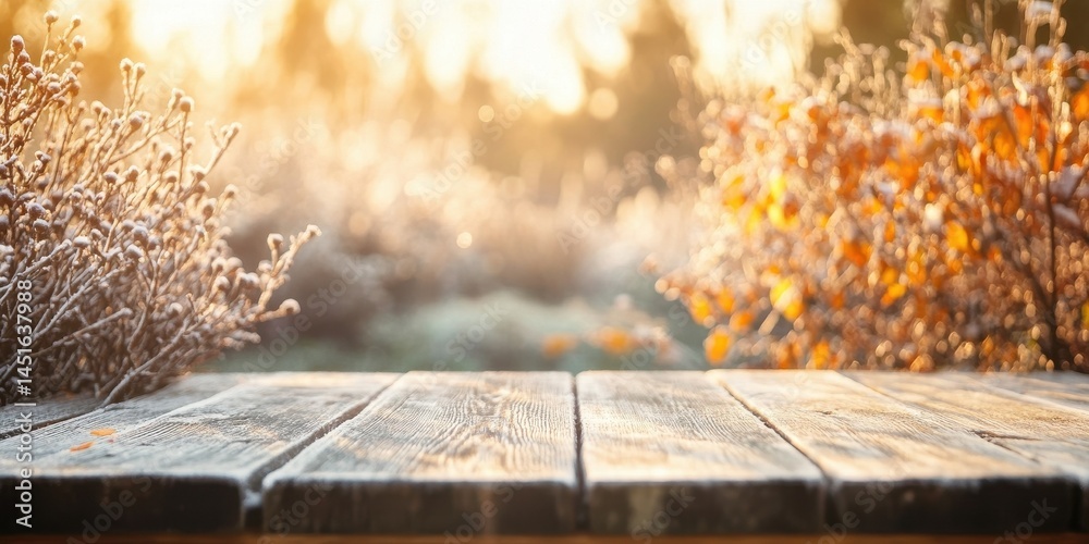 Aufkleber icy wooden table with winter frost and sunlight in a scenic landscape featuring detailed textures an