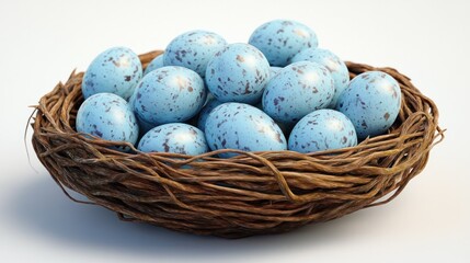 Cluster of blue speckled eggs in a rustic woven on a plain white background perfect for wildlife, nature, bird ing or farm themes with detailed textures